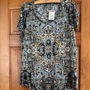 Lucky Brand Blue and Yellow Patterned Short Sleeve Top